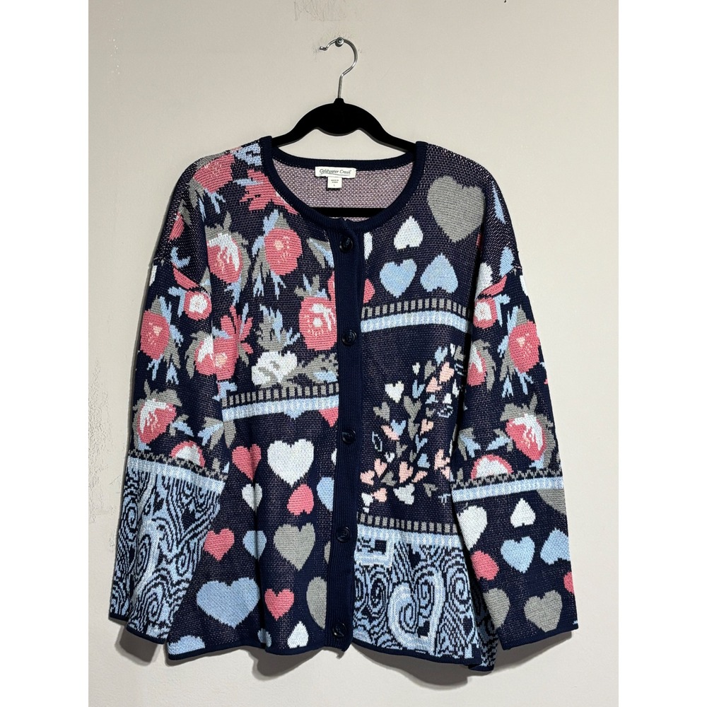Coldwater Creek Women L Navy Blue Heart Floral Intarsia Knit Cardigan Sweater